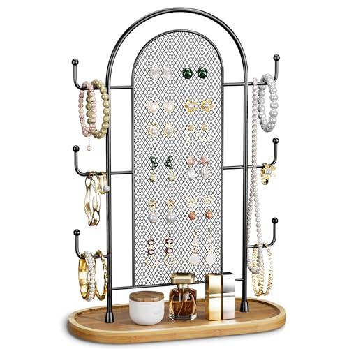 bussdis Jewelry Holder Organizer Earring Display - Stands Earring Storage Earring tree Hanger Jewelry Towers Rack with 6 Hooks 300 Stud Holes Wood Tray for Necklaces Bracelets Rings - color: Black