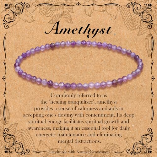BONNY BOXX Natural Genuine Gemstone Faceted Round Beads Bracelets, 3mm Adjustable Stretchy Tiny Faceted Black Tourmaline Bracelet, Healing Crystal Reiki Chakra Dainty Jewelry Fashion Gifts - color: Amethyst