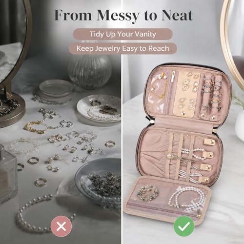 Jewelry Travel Case Organizer for Necklaces, Earrings, Rings, Bracelet, Watch, Soft Sided, Red Sandalwood - color: Rosewood Pink