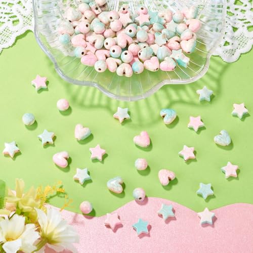 Craftdady 120Pcs Heart Beads Acrylic Round Star Crackle Beads Two Tone Imitation Turquoise Loose Bead Colorful Spacer Bead for Valentine Day Bracelet Necklace Earring DIY Crafts-3 Styles - color: Two Tone Color Crackle Bead