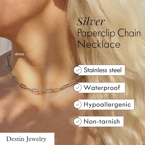 Destin Jewelry Paperclip Chain Necklace for Women, Waterproof 18K Gold Plated Stainless Steel, Hypoallergenic, Adjustable Layering Chain, Tarnish-Resistant, 2.5–6.5mm - color: Stainless Steel, size: 20" + 2", style: 2.5 MM