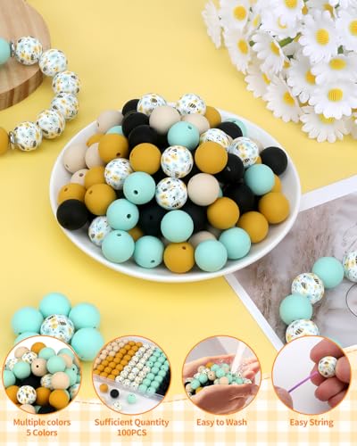 100 Pcs 15mm Silicone Beads for Keychain Making, Bee Silicone Beads Bulk Round for Bracelets Pens Crafts Jewelry Making (Bee) - color: Bee