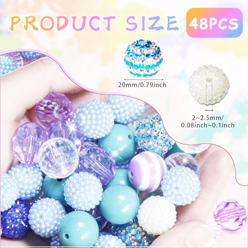 Exway 48 Pcs 20mm Purple Acrylic Resin Rhinestone Bubblegum Beads - Round, Large, Sparkly Craft Beads for Pen, Beadable Keychain, Bracelet, Necklace - DIY Jewelry Making Supplies - color: Purple