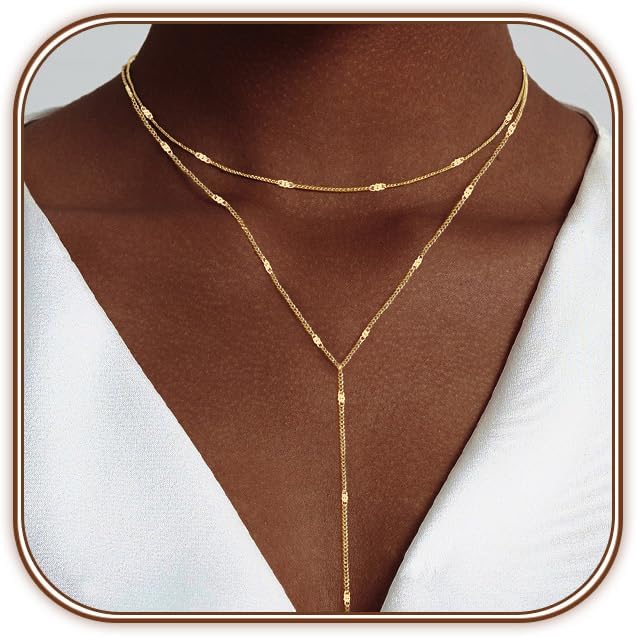 Lariat Gold Necklace for Women Dainty Long Necklace 14k Gold Plated/Silver Y-Shaped Pendant Drop Chain Trendy Layered Pearl/Beaded/CZ Necklaces Simple Gold Jewelry For Women Gift