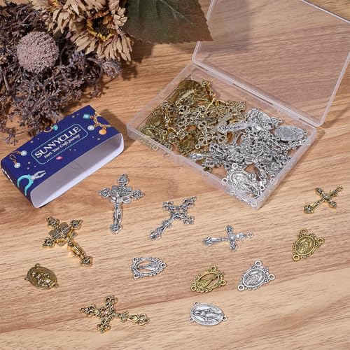 SUNNYCLUE 1 Box 48Pcs 12 Styles Rosary Cross and Centerpiece Rosary Crucifix Charms Tibetan Gold Silver Bronze Cross Amulet Chandelier Links Pendants for Jewelry Making DIY Necklace Bracelets Crafts - style: Rosary Charm 3
