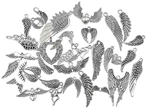 Assorted Angel Wings Feathers punk Charm Pendant Connector for DIY Jewelry Making Accessaries(36pcs,Antique Silver Tone)
