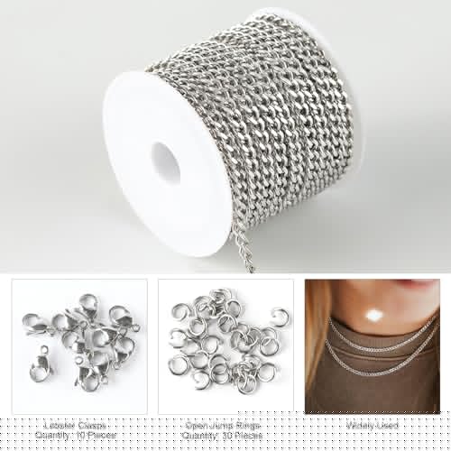 Kyutong Twist Curb Link Chain Bulk Silver Jewelry Making Chain Supplies 16.4 Feet Stainless Steel Chain Roll Making Craft DIY Bracelet Ankle with Lobster Clasps and Jump Rings - color: Silver Curb
