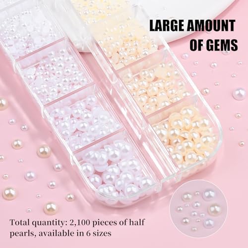 2100Pcs Flatback Nail Pearls Gems, 1.5-5mm White Beige Beads Half Round Nail Charms Beads with Pickup Pencil and Tweezers for Crafting Face Hair Manicure (11-K1-half-pearls-beige-white) - color: 11-K1-half-pearls-beige-white