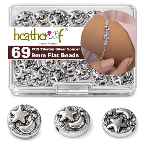 Tibetan Silver Spacer Beads 9mm Flat Round – 69pcs Metal Spacer Beads for Jewelry Making, Bracelets, Necklaces & Earrings DIY Supplies, Antique Silver Zinc Alloy - color: Silver Star and Moon