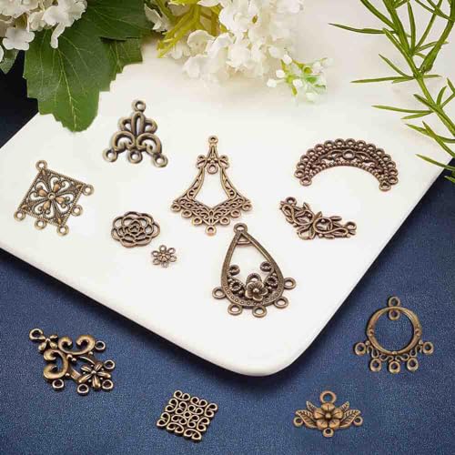 SUNNYCLUE 1 Box 72Pcs 12 Styles Filigree Connector Charms Flower Alloy Hollow Links Teardrop Square Oval Moon Shape Filigree Metal Embellishments for Crafts Supplies, Antique Bronze - color: 72pcs 12 Styles