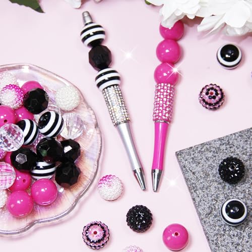Exway 48 Pcs 20mm Black Pink Acrylic Resin Rhinestone Bubblegum Beads, Round, Large, Sparkly Craft Beads for Pen, Beadable Keychain, Bracelet, Necklace, DIY Jewelry Making Supplies - color: Black