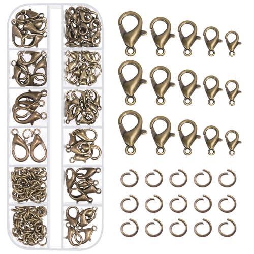 Tanstic 170Pcs Bronze Lobster Claw Clasps with Open Jump Rings Kit, 10mm, 12mm, 14mm, 16mm, 18mm Alloy Small Jewelry Clasps Lobster Clasps and 6mm Jump Rings for DIY Jewelry Making - color: Bronze Jewelry Clasps