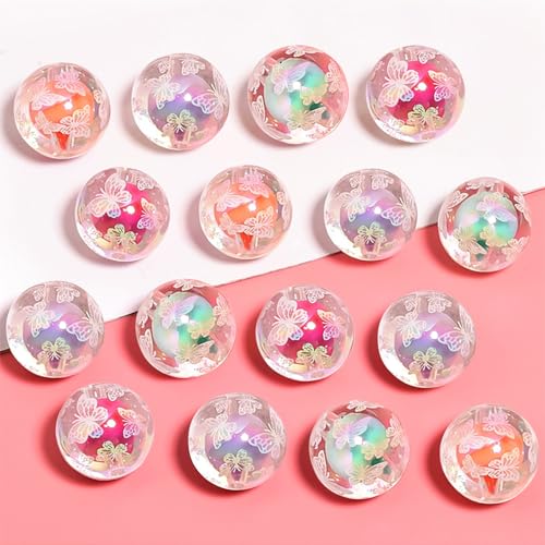 15Pcs Acrylic Beads Round 16mm UV Bead in Bead with Butterfly Print Fit for DIY Jewelry Bracelet Necklace Keychain Beadable Pens Mobile Phone Chain Making Cute (Butterfly-White) - color: Butterfly-White