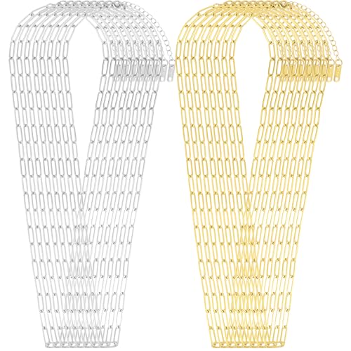 16 Pack 4mm 18K Gold Plated Paperclip Charm Necklace Chains Bulk for Jewelry Making 18Inch 18K Gold Plated and Stainless Steel Necklace Chain with 2 Inch Extension Chain for Women - color: 16 PCS 18K Gold+Silver