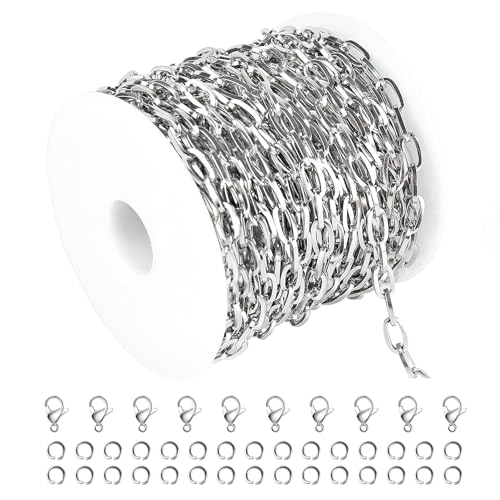 Kyutong 32.8 Feet Flat Oval Paperclip Jewelry Chain Link Silver Stainless Steel Chain Necklace Long Crafting Chains with Lobster Clasps and Open Jump Rings - color: Oval Paperclip Silver
