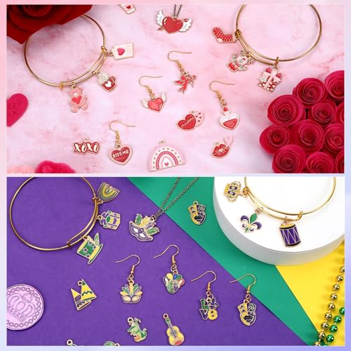 SANNIX 110Pcs/55 Pairs Valentine's Day Mardi Gras Charms, Assorted Gold Enamel Charms for Jewelry Making, Holiday Pendants for Bracelets Necklaces Earrings Keychains Craft Supplies - style: Valentines Mardi Gras