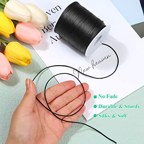 Satin Rattail Cord, Anezus Black Nylon Cord Silky Trim Beading String for Braided Bracelets, Pendants Necklace, Macrame Keychains, Lanyards, Drawstring Bags, Jewelry Making Crafts, Sewing Projects - style: Black