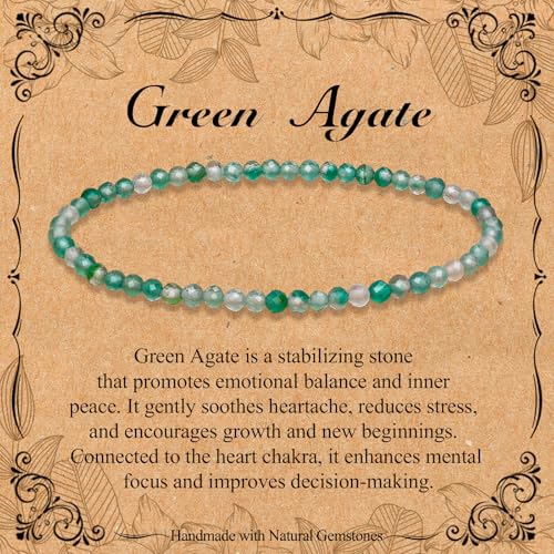 BONNY BOXX Natural Genuine Gemstone Faceted Round Beads Bracelets, 3mm Adjustable Stretchy Tiny Faceted Black Tourmaline Bracelet, Healing Crystal Reiki Chakra Dainty Jewelry Fashion Gifts - color: Green Agate