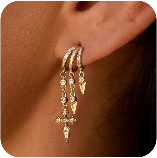 Dangle Earrings For Women,Dainty 14K Gold Plated Hypoallergenic Small Triple Huggie Hoop Earring Gothic Cute Cross Moon Star Drop Earrings For Women Trendy Gold Statement Stud Earring Jewelry