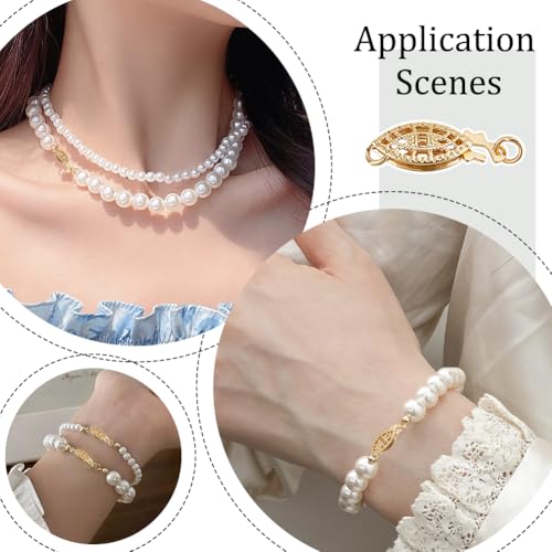 2 Pcs Brass Pearl Filigree Necklace Clasp, 15mm Golden Oval Filigree Fish Hook Clasp Horse Eye Jewelry Slide Clasps Bracelet Connectors for Necklace Bracelet Chain Jewelry Making - color: Golden