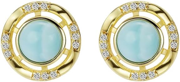 Larimar Stone Stud Earrings for Women, Gold Plated Brass