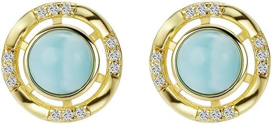 Larimar Stone Stud Earrings for Women, Gold Plated Brass
