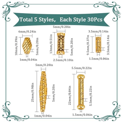 SUNNYCLUE 1 B0X 150Pcs 5 Styles Gold Tube Bead Tibetan Spacer Beads Alloy Metal Hollow Column Barrel Drum Long Hole Spacers Loose Beads for Jewelry Craft Making Necklace Bracelet Earrings Beginners