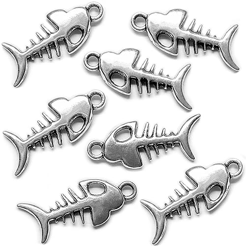 Heather's cf Silver Sea Charms – Antique Pendants, Non-Tarnish, Lead-Free & Nickel-Free, Bulk Ocean Animal Charms for DIY Jewelry, Bracelets, Necklaces, Earrings, Beach Craft Supplies (Sea Animals) - color: Fishbone - 140 Pc