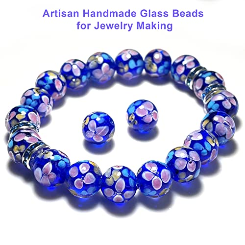 Artsy Crafts 20 Pcs 12mm Lampwork Flower Glass Beads, European Murano Glass Beads, Handmade Loose Crystal Beads for Jewelry Making Charm Bracelet Necklace Earrings Rosary (Navy Blue) - color: Navy Blue