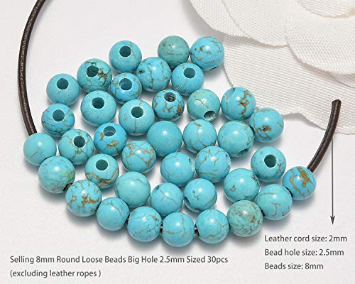 AD Beads Natural Gemstone 8mm Round Loose Beads Big Hole 2.5mm Sized 40pcs (Blue Turquoise) - color: Blue Turquoise