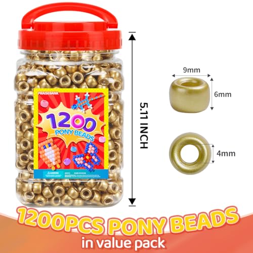 Praisebank Pony Beads, 1200pcs 6x9mm, Wholesale Beads, Bracelets Jewelry Making, Arts & Crafts(Golden) - color: Golden Color, size: Small Size