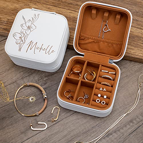 Custom Leather Customized Jewelry Organizer Box w/Name & Birth Flower Month - Birthday Gifts for Women, Mom Personalized Jewelry Travel Case - Beige - color: Rose