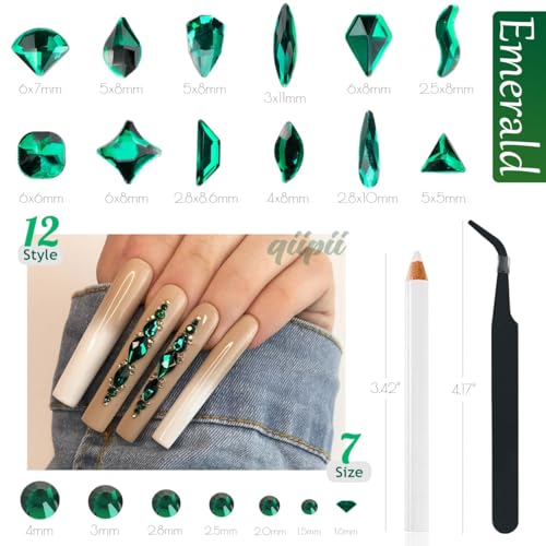 qiipii Emerald Green Nail Rhinestones Multi Shapes Flatback Green Crystals Gems Round Beads K9 Glass Stones Diamonds jewels Nail Art Supplies Nail Charms for Nails Faces Eyes Makeup Crafts DIY - color: Emerald Green, size: B Set