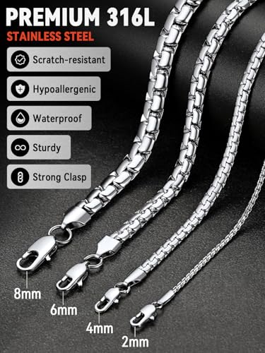 FaithHeart Mens Black/Silver/Gold Stainless Steel Flat Box Link Chain Necklace, Stylish 2/4/6/8mm Width Box Chains Necklaces for Men Non Tarnish Hip Hop Chain Jewelry Gifts,14"-30" Length - color: 2mm Width-Classic Silver, size: 24 Inches Length