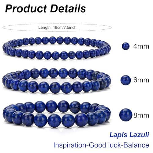 3Pcs Natural Healing Crystal Bracelets for Women Men, 4mm 6mm 8mm Beaded Stretch Bracelet Set, Black Tourmaline Natural Stone Gemstone Jewelry Gifts for Meditation, Reiki & Yoga - color: Lapis Lazuli