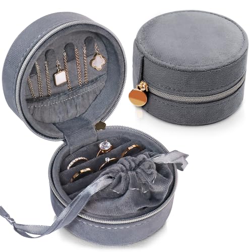 CONBOLA Travel Jewelry Case Small Jewelry Box for Women Girls,Round Velvet Mini Jewelry Travel Organizer,Portable Jewelry Box for Rings Earrings Necklaces Bracelets.(Grey,Small) - color: Grey, size: Small