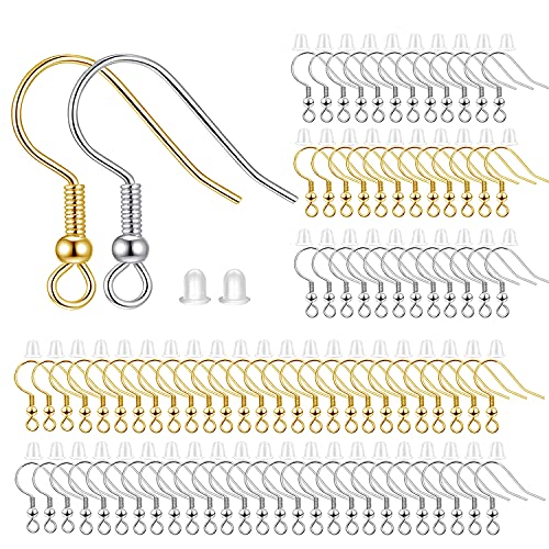 BEADNOVA 200pcs Mix Earring Hooks & Backs, Silver & Gold, 100pcs Hooks & 100pcs Backs, DIY Earring Supplies - color: 100pcs