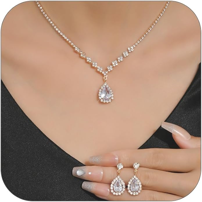 Sparkling Teardrop Halo Bridal Necklace Earrings Set For Women Statement Classic Silver Colors Adjustable Choker Style Chain