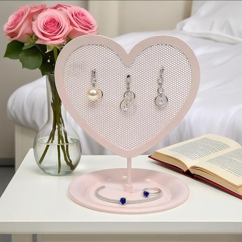 Earring Holder for Girls – Heart-Shaped Pink Metal Stand Jewelry Organizer with Tray for Rings & Bracelets, Cute Vanity Display for Teen Room Decor