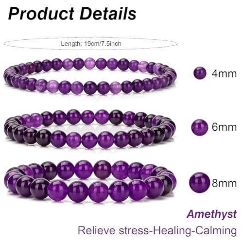 3Pcs Natural Healing Crystal Bracelets for Women Men, 4mm 6mm 8mm Beaded Stretch Bracelet Set, Black Tourmaline Natural Stone Gemstone Jewelry Gifts for Meditation, Reiki & Yoga - color: Amethyst