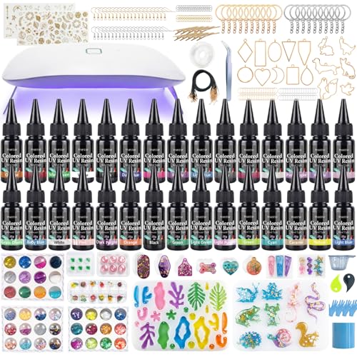 UV Resin Jewelry Making Kit,30 Colors 600g Crystal Resin,Fast Curing Odorless & Colored UV Resin Kit with Light and Molds, DIY Jewelry Making Kit, Resina Kits for Keychain and Earring - color: 30 Colors