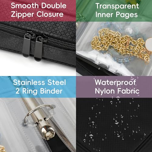 Travel Jewelry Organizer Case Transparent Jewelry Storage Book Binder Bag for Earrings, Rings, Necklace, Bracelet (All-Black) - color: All-Black