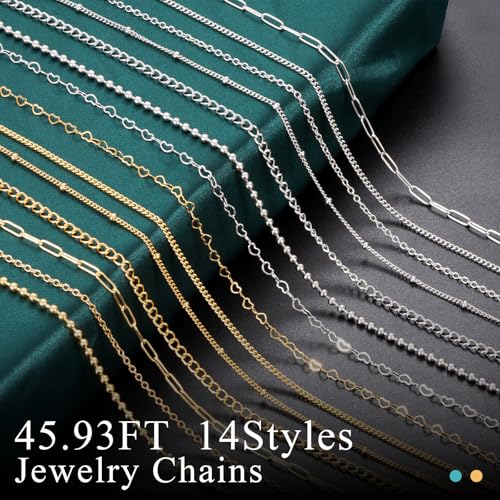 HUISUYTON Necklace Chain for Jewelry Making,45.93 FT 14 Rolls Stainless Steel Jewelry Chains Bulk with Jump Rings, Lobster Clasps, Connectors for DIY Necklace Earring Bracelet(Gold & Silver) - color: Gold and Silver-45.93Ft