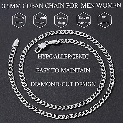 Fiusem 3.5mm Cuban Link Chains for Men, Silver Tone/Black/14K Gold Plated Stainless Steel Necklace Chain, Mens Necklace 16, 18, 20, 22, 24, 26, 28 Inch - size: 18 Inches, style: a.3.5mm width-steel