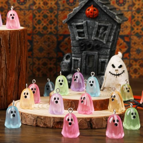 Augshy 64 Pcs Halloween Ghost Charms, Resin Ghost Charms Luminous Ghost Beads Halloween Pendant Bulk Glow in The Dark Ornament for DIY Bracelet Necklace Earrings Jewelry Making Accessories Decorations - style: Halloween Style