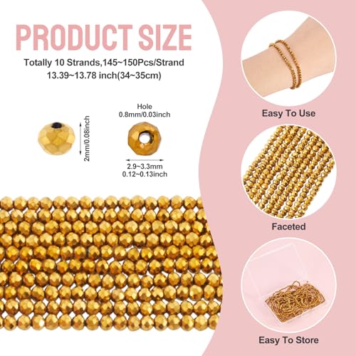 FASHEWELRY 10 Strands 3mm Golden Plated Glass Beads Rondelle Crystal Glass Spacer Beads Faceted Briolette Bead for DIY Necklace Bracelet Jewelry Making Gift - color: Golden Plated, size: 3mm