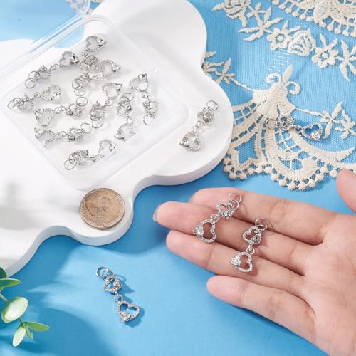FASHEWELRY 15Pcs Alloy Crystal Rhinestone Heart Charms, Love Heart Glass Dangle Charms Platinum Hollow Pendants for DIY Valentine's Day Necklace Earring Jewelry Making - color: Heart-Clear