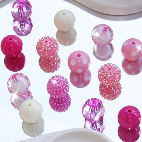 48 Pcs 20mm Beads for Pens Rhinestone Bubblegum Beads Mixed Crystal Acrylic Round Chunky Bead Sparkly Craft Large Balls Bead for Pen Beadable Keychain Bracelet Necklace DIY Jewelry Making Supplies - color: Pink series