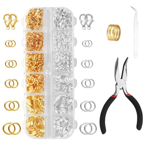 1440 Pcs Jump Rings for Jewelry Making Kits, Silver Gold Jewelry Jump RingsJewelry Repair Kit for Necklaces Lobster Clasps DIY Crafts Keychains Repair Supplies Tools, with Pliers/Tweezers/Ring - style: 1pcs - Silver & Gold