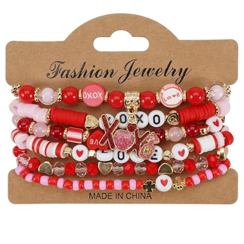 6PCS Valentine’s Day Clay Heishi Bracelet Set for Women- Red Pink Heart Love KISS XOXO Beaded Stretch Bracelets - Handmade Polymer Clay Crystal Glass Stackable Jewelry Gift for Galentine's Anniversary - color: LOVE-07
